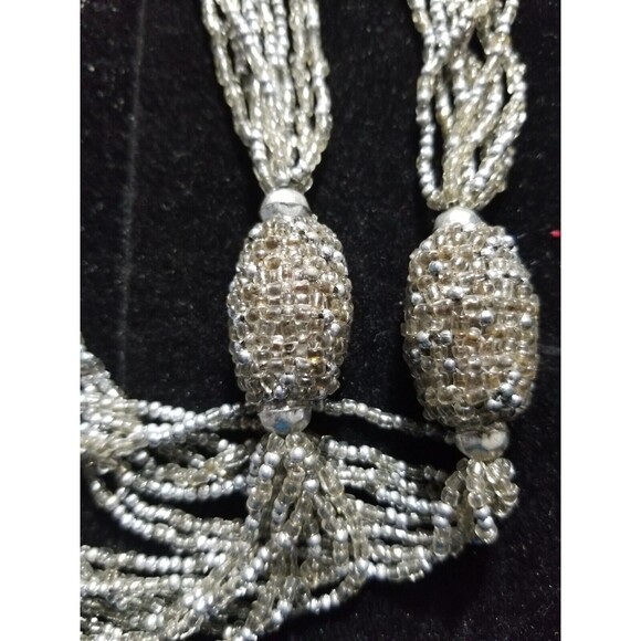 Vintage Necklace Multi-Strand Glass Bead Flapper Length Silver Tone Art Deco MCM - Picture 2 of 2